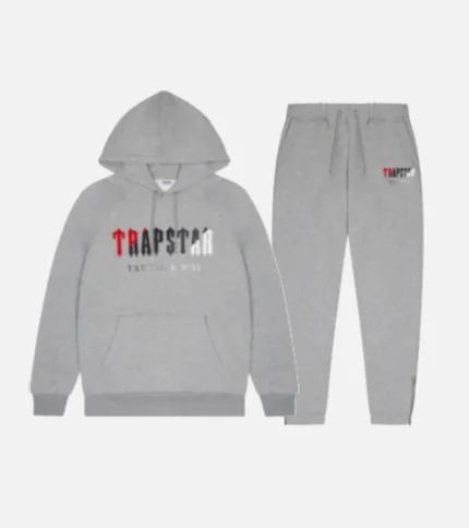 Trapstar Tracksuit Australia – Chenille Decoded Tracksuit in Grey/Red with raised chenille patch detail
