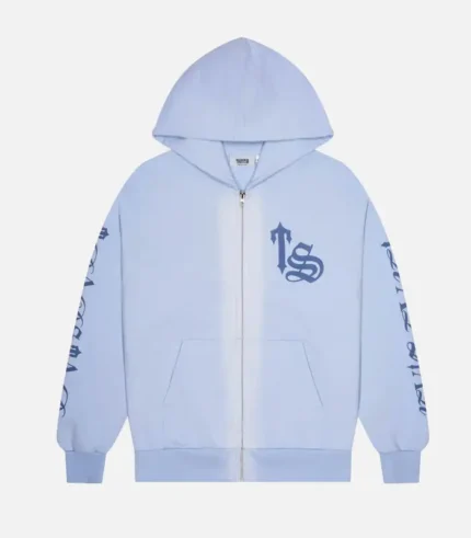Trapstar Script Spray Hoodie in Blue, relaxed fit streetwear hoodie with spray script print