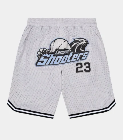 Trapstar Shorts Australia – Shooters SS23 Basketball Shorts in Grey/Blue with Shooters graphic